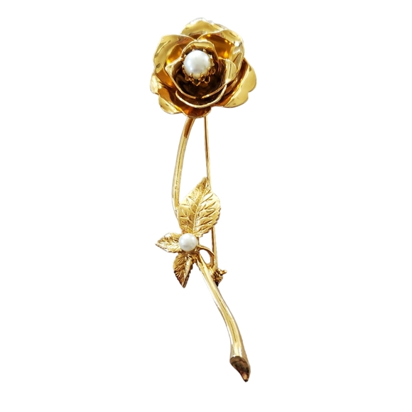 Large Mid Century Modern Gold and Pearl Rose Brooch/Lapel Pin - Picture 7 of 10